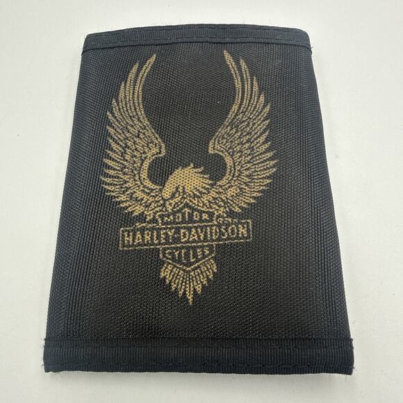Harley-Davidson Other - Vintage Harley Davidson Black Trifold Wallet Gold Logo Nylon Biker 1980s Retro